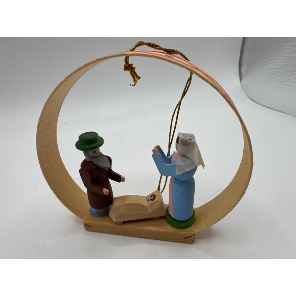 Vintage Miniature Wooden Nativity Hoop Ornament Hand Painted Folk Art 0188